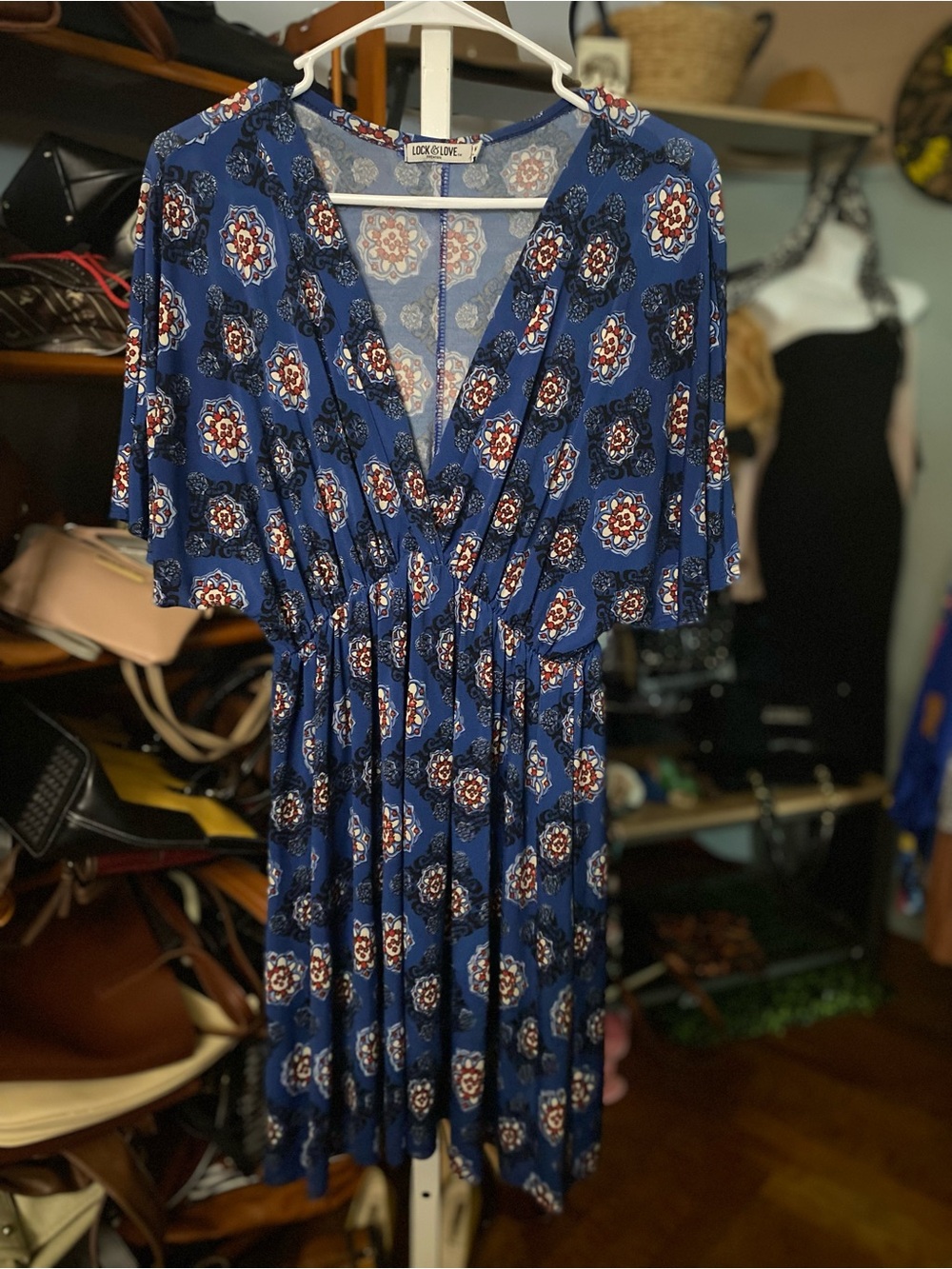 Lock & Love Blue Printed V-Neck Mini Dress